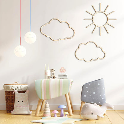 4 Pieces Boho Nursery Cloud Star Wall Decor Wooden Babyroom Moon Rattan Wall Decor Wooden Rainbow for Children Baby Kids Boys Girls Bedroom Nursery Pendant(Cloud Rainbow Sun)
