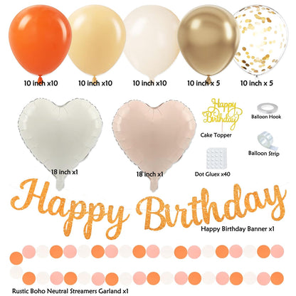 Orange-Peach Fall Boho Birthday Party Decorations - 62pcs Happy Birthday Banner, Beige Rustic Paper Lanterns, Streamers, Tissue Pom Poms, Burnt Orange Apricot Party Balloons, Fall Backdrop Decor
