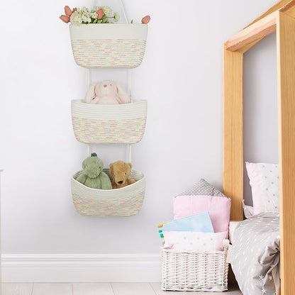 TeoKJ 3-Tier Woven Cotton Wall-Mounted Hanging Storage Baskets, Over the Door