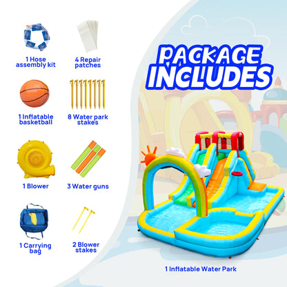 WELLFUNTIME Inflatable Water Double Slides Park with Blower, Bouncy Castle with Rainbow Water Curtain, with Shooting and Rock Climbing