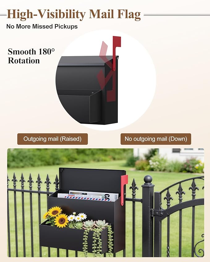 Wall-Mount Mailbox for Outside, Large Capacity Rust-Proof Mail Box with Planter & Red Flag Kit, Galvanized Steel Weather-Resistant Post Box for House Outside, 14.2"x8.2"x10.6", Black