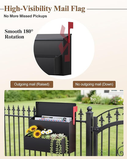 Wall-Mount Mailbox for Outside, Large Capacity Rust-Proof Mail Box with Planter & Red Flag Kit, Galvanized Steel Weather-Resistant Post Box for House Outside, 14.2"x8.2"x10.6", Black