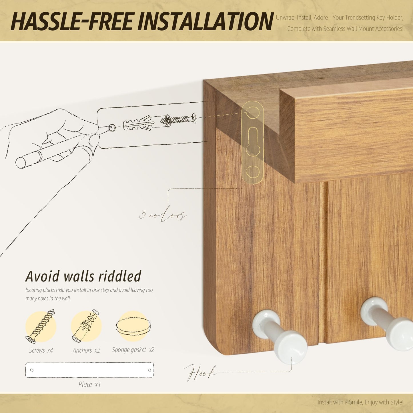 Rebee Vision Decorative Key Holder Wall Mount - Modern Farmhouse Key and Mail Holder for Wall with 7 Hooks and Floating Shelf - The Perfect Apartment Essentials in Your Home Decor (Light Brown)