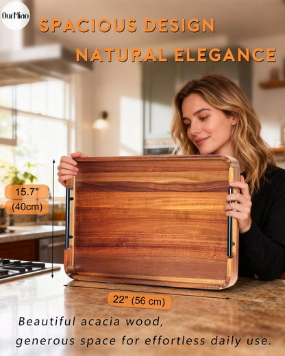 OurMiao 22 x 15.7 Inches Acacia Wood Serving Tray with Metal Handles, Large Rectangular Ottoman Tray with Rounded Corner, Great for Living Room, Coffee Table, Kitchen, Serving Food & Hosting