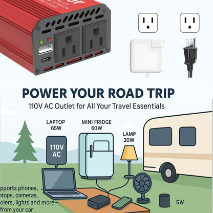 Pro Chaser 400W Power Inverters for Vehicles - DC 12v to 110v AC Car Inverter Converter, USB-A, PD 65W USB-C Ports, Dual AC Adapter for Air Compressor Laptops