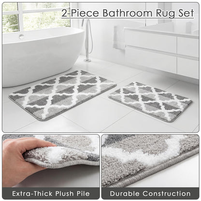 Arttown Dark and Light Grey Trellis Bathroom Rug Set 2 Piece Fluffy Microfiber Non-Slip Water Absorbent Bath Mat Soft Washable for Tub Showers Laundry Room Decor (16"x24"+20"x32")