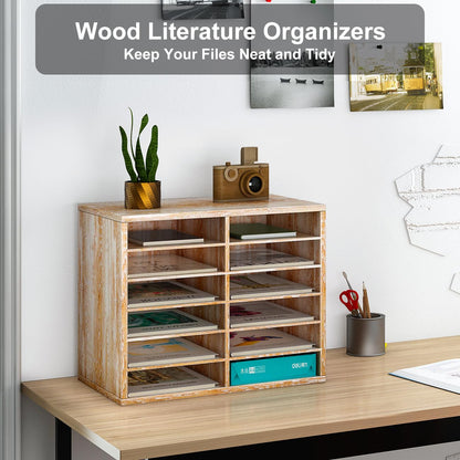 PAG Countertop Mail Sorter Organizer, Wooden Literature Organizer, Student Mailbox for Classroom, Desktop Bill Organizer for Office Home School, 12 Compartments, Retro White