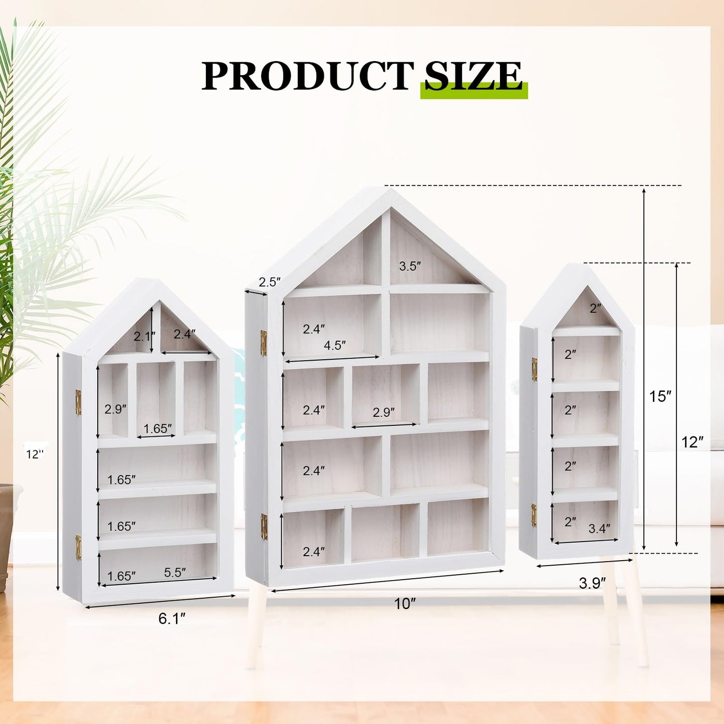 DoubleFill Set of 3 Wooden Shadow Box Frame with Shelves Large Trinket Shelf Display Cases Wall Mounted for Mini Figures Curio Cabinet Medals Wedding Bouquet Photos(White,House Shape)