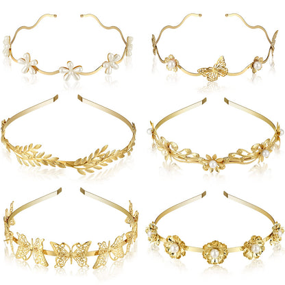 XunYee 6 Pcs Gold Leaf Headbands Set Pearl Headbands for Women Greek Goddess Accessories Flower Faux Pearls Hairband Gold Metal Prom Headpiece Crown Bridal Hairband for Women Girl (Stylish Pattern)