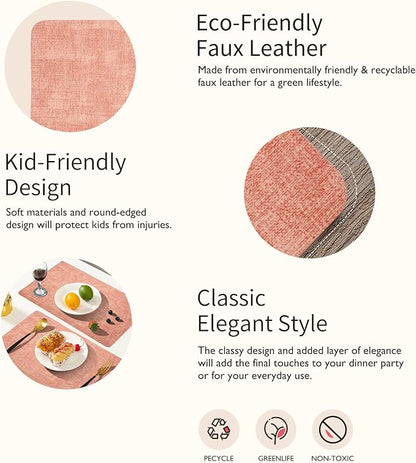 Maxpearl Faux Leather Placemats Set of 6 - Waterproof - Wipe Clean - Heat Resistant - Anti Slip Dining Table Place Mats, Suitable for Indoor & Outdoor Use, 17’’×12’’, Pink