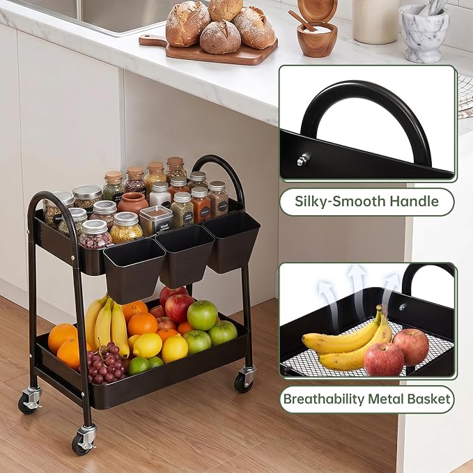 danpinera 2-Tier Rolling Cart, Utility Cart Mobile Metal Rolling Storage Cart with Lockable Wheels & Hanging Cups & Hooks for Kitchen, Bathroom, Office, Workshop