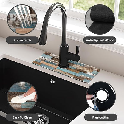 15" X 5.5" Kitchen Sink Splash Guard Faucet Mat Wood Grain Super Absorbent Fast
