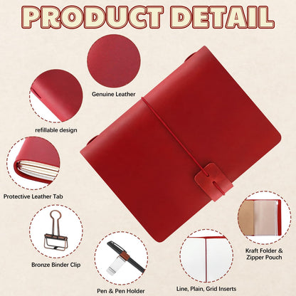 Thenshop Travelers Refillable Leather Journal Notebook Travel Diary Handmade Passport Travelers Journal for Men and Women with 3 Notebook Inserts, Pen Holder, Binder Clip(Wine Red,Passport Size)