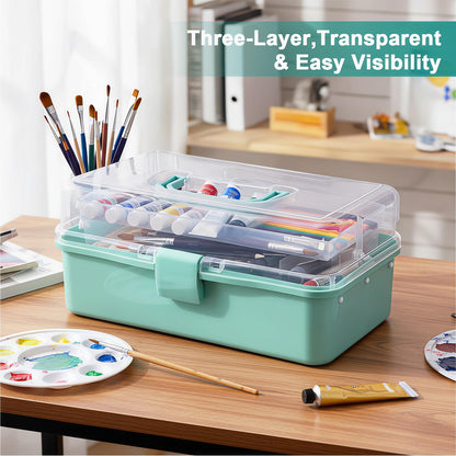 Craft Storage Box 3-Layer Plastic Craft Organizers and Storage, Portable Art Supply Organizer with Handle, Dividing Craft Box Organizer, Folding Arts and Crafts Storage for Sewing, Medicine, Tool