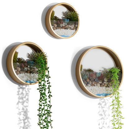 VEVLU Gold Metal Wall Planter Set of 3, Indoor Metal Hanging Planter with 10Pcs Artificial Succulents Wall Decor Round Succulent Planters Air Plant Pots Container for Cactus Home Office Decor