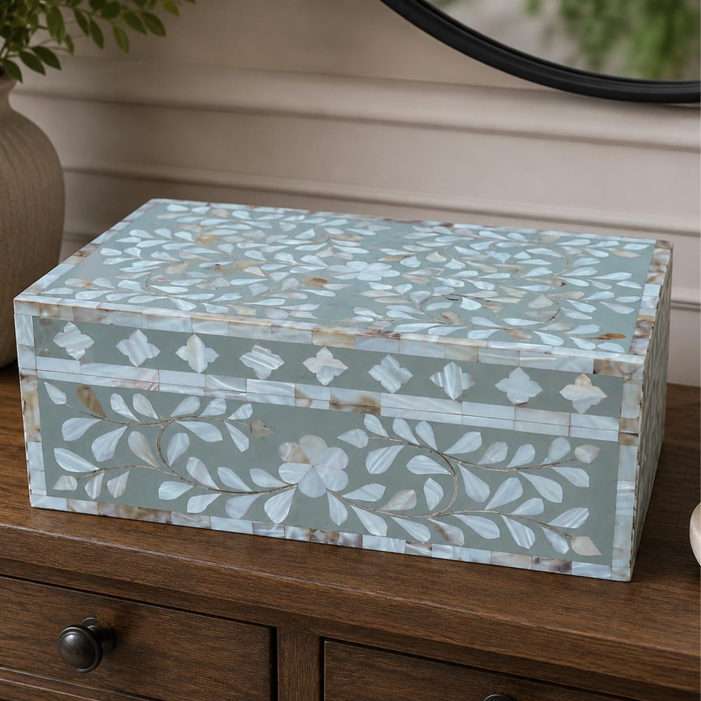 HANDMADE ENTARO Decorative Wooden Storage Box with Mother of Pearl Inlay – Elegant Floral Design – Perfect for Home Décor in Living Room, Dining Area, or Bedroom (Grey, 12x8x5 inches)