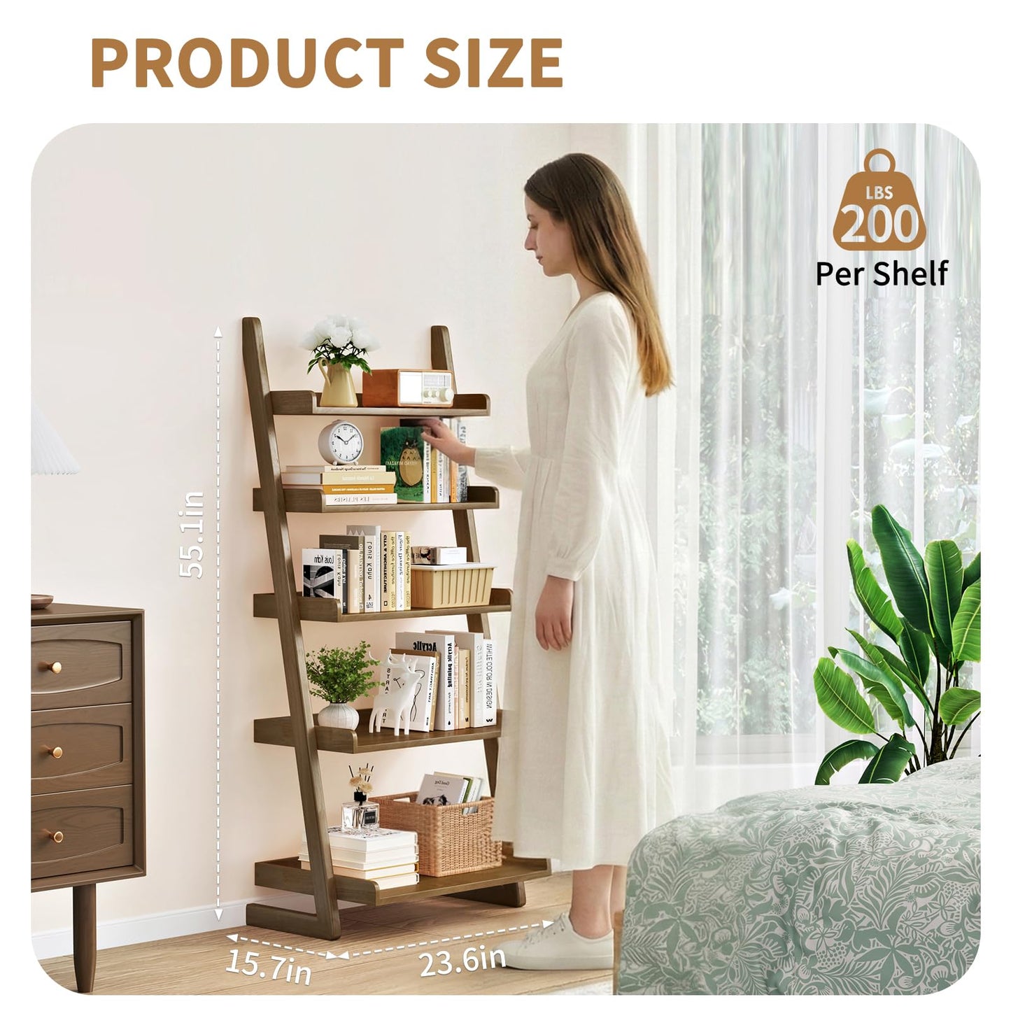 Uniclinens Walnut Wooden Ladder Shelf, 5-Tier Leaning Bookshelf, Ladder Bookshelf for Compact Spaces, Leaning Bookcase for Living Room, Bedroom, Home Office,(23.6''Dx15.7''Wx55.1''H)