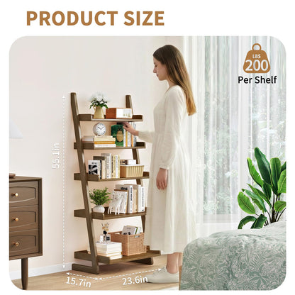 Uniclinens Walnut Wooden Ladder Shelf, 5-Tier Leaning Bookshelf, Ladder Bookshelf for Compact Spaces, Leaning Bookcase for Living Room, Bedroom, Home Office,(23.6''Dx15.7''Wx55.1''H)