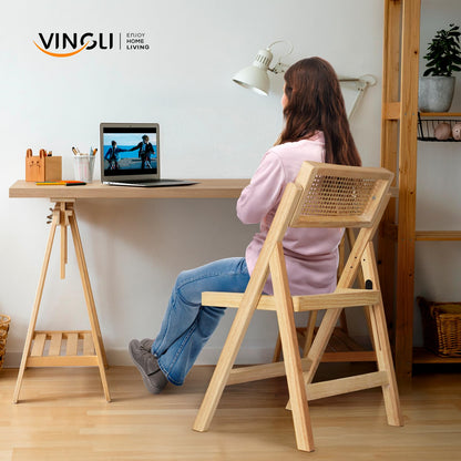 VINGLI 2 Pack Rattan Wooden Folding Chair, Dining Folding Chair with 360° Swivel Backrest, Sturdy Rubberwood Frame and Rattan Woven Seat and Back, Natural Color, Set of 2