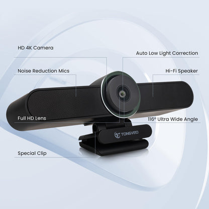 4K Webcam Conference Call TV Room Web Camera with Dual Microphones &Speaker, | All-in-One USB Video Camera, 116° Wide Angle, AI Auto Framing | Compatible with Zoom, OBS