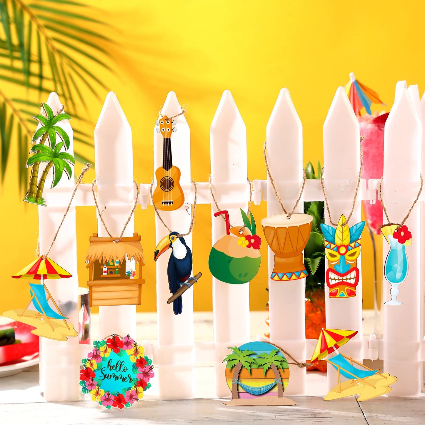 Geelin 36 Pcs Summer Wood Hanging Ornaments for Tree Christmas in July Mini Tree Decorations Hawaiian Beach Wooden Pendant Decorations with String for Luau Party Supplies(Aloha)