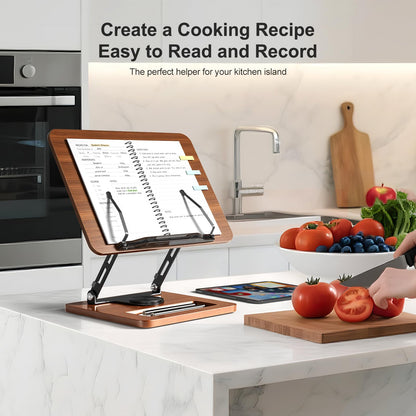 Book Stand for Reading, 360° Rotating Hands Free Book Holder, Adjustable Height and Angle, Page Clip for Cookbook, Recipe, Magazine, Laptop,Tablet, Foldable for Kitchen, Office, School