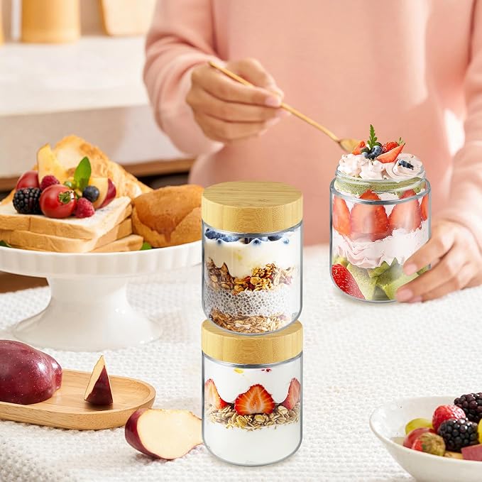 Wresty Empty Clear Glass jars with Airtight Lids Overnight Oats Containers Glass Food Storage Containers Glass Mason Jars For Yogurt Snacks Spice Sugar Jam And More (4 Pcs Bamboo Lids, 500ml/16.7oz)