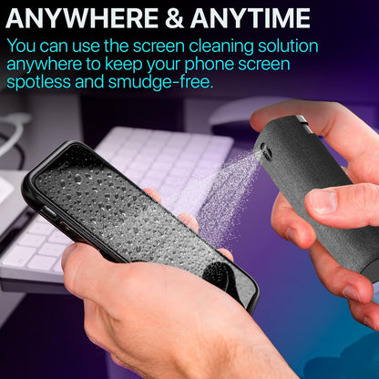 Mini Screen Cleaner Spray – Finger Proof Screen Cleaner for Smartphones, iPads, MacBooks, Laptops, Car Screens, Touchscreens – 3 in1 Mist Cleaner, Microfiber Cloth and Protective Cover (Grey)