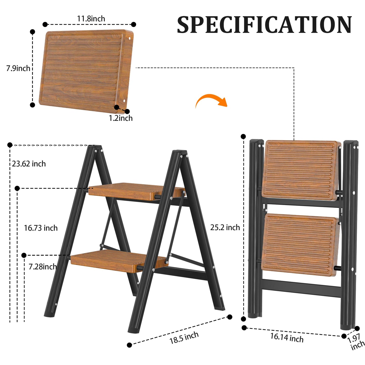 DIAMONDFORGE 2 Step Ladder, Lightweight Folding Step with Wide Anti-Slip Pedal & Feet, 330 lbs Capacity,Sturdy Steel Step Ladder for Home,Kitchen and Office,Woodgrain