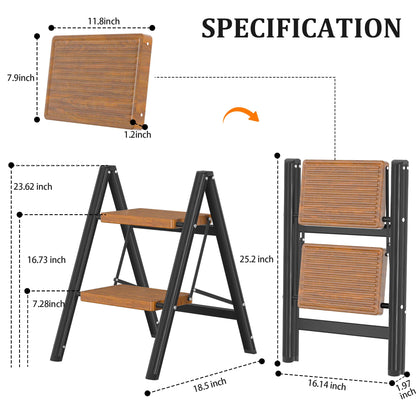 DIAMONDFORGE 2 Step Ladder, Lightweight Folding Step with Wide Anti-Slip Pedal & Feet, 330 lbs Capacity,Sturdy Steel Step Ladder for Home,Kitchen and Office,Woodgrain