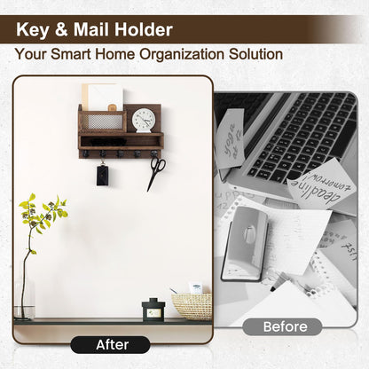Lucundm Key Holder for Wall, Mail Organizer Wall Mount with Storage Compartment and 5 key Hooks for Coat, Dog Leash, Stylish Mesh Mail Holder, Home Decor Entry Way Organizer