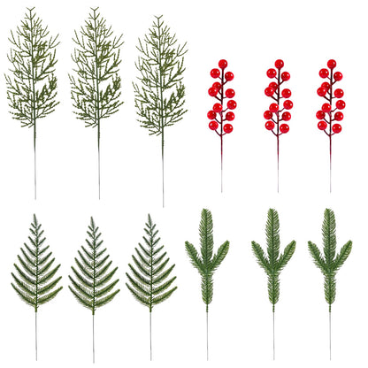 Gitechft 50 PCS Artificial Pine Branches Fake Greenery Pine Picks Artificial Red Berry Stems,Xmas Stems,Christmas Pine Needles for Wreath Decorations