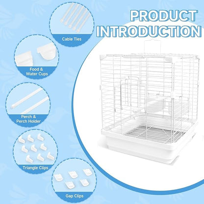 Small Bird Cage - 14x14x17.5 in Lightweight Travel Outdoor Birdcage for Parakeets, Budgies & Canaries and More Small Birds, Bird Carrier with Handle, Stand, Removable Tray, Portable for Hanging, White