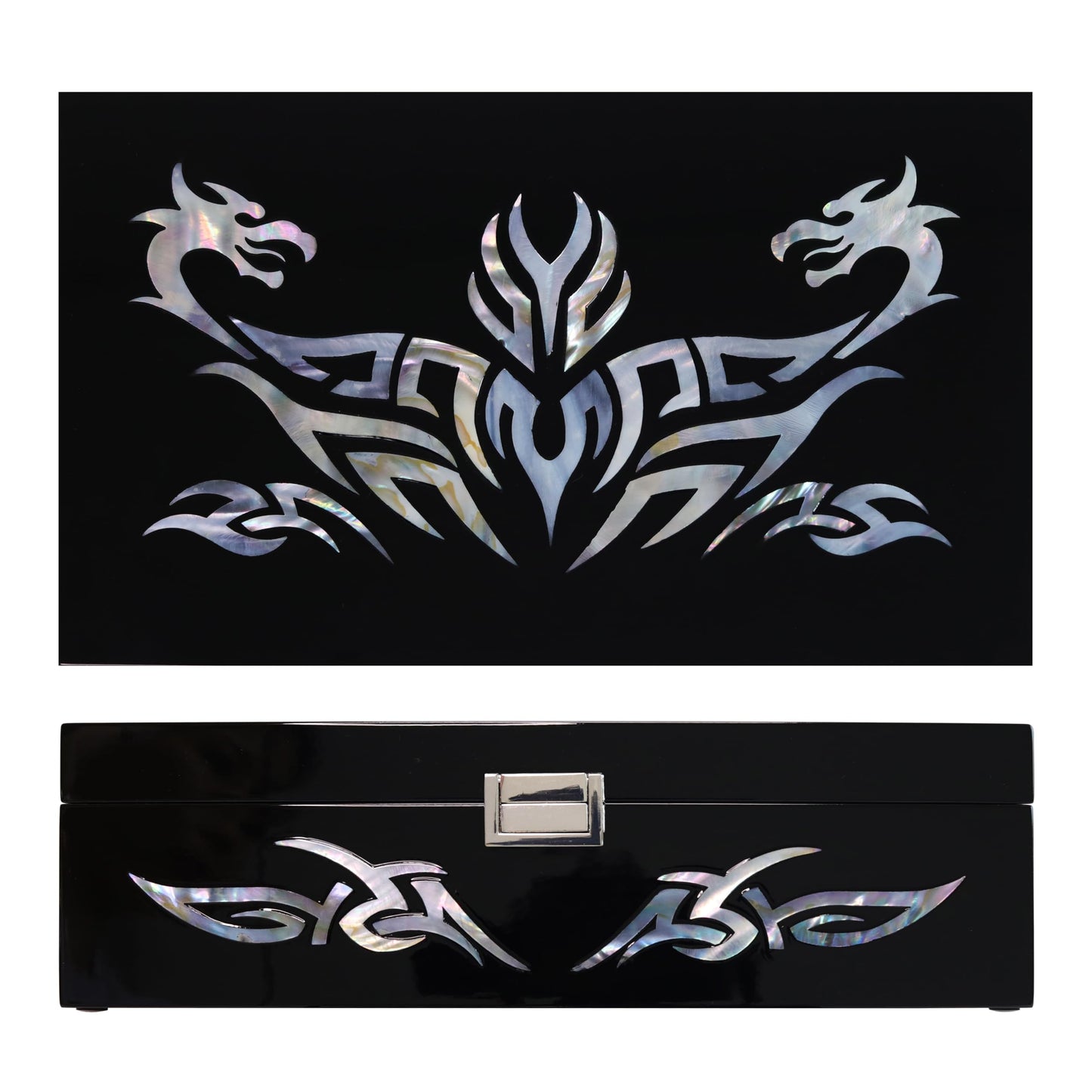 MADDesign Mother of Pearl Watch Box Jewelry Organizer Daily Storage Handmade Tribal Dragon Design (Black)