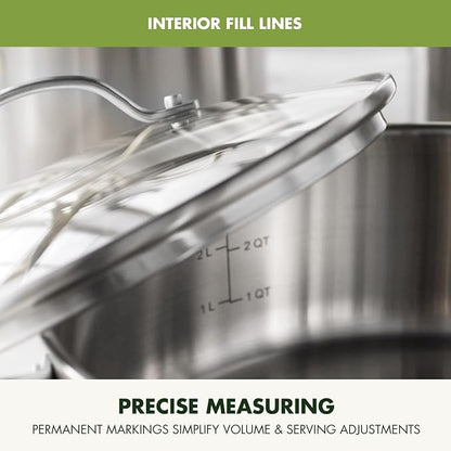 GreenPan Stainless Steel Cookware Set, 11 Piece, Induction Cookware, Dishwasher Safe, Oven Safe to 600F, Large 8QT Stock Pot, Sauce, Saute, Frying Pans, Pots & Pans Kitchen Essentials, Silver