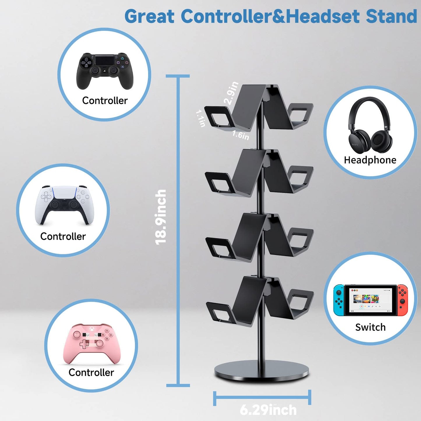 Karanava Controller Holder 4 Tier,Headphone Stand - Adjustable Headset Holder for Xbox PS5 PS4 Switch Pro - Gaming Accessories Storage for Gamer,Desk/Floor(Black)