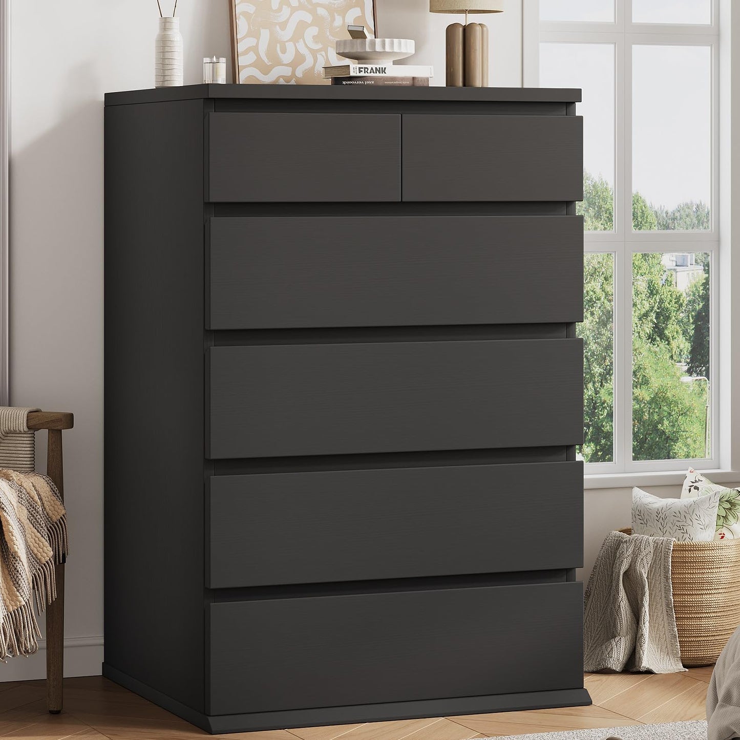 Jocoevol Black Tall 6 Drawer Dresser for Bedroom,Dressers & Chests of Drawers with Jewelry Storage,Wood Storage Dresser with Deep Drawers for Living Room Hallway Entryway(40.75" L*23.62" W*15.75")