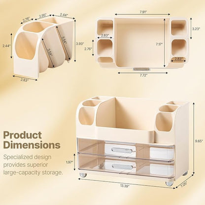 Makeup Organizer with Brush Holder, Makeup Organizer Countertop with 2 Drawers, Make up Organizers for Vanity, Vanity Organizer, Makeup Storage For Skin Cares,Makeup Brushes,Lipsticks,Perfumes(Cream)