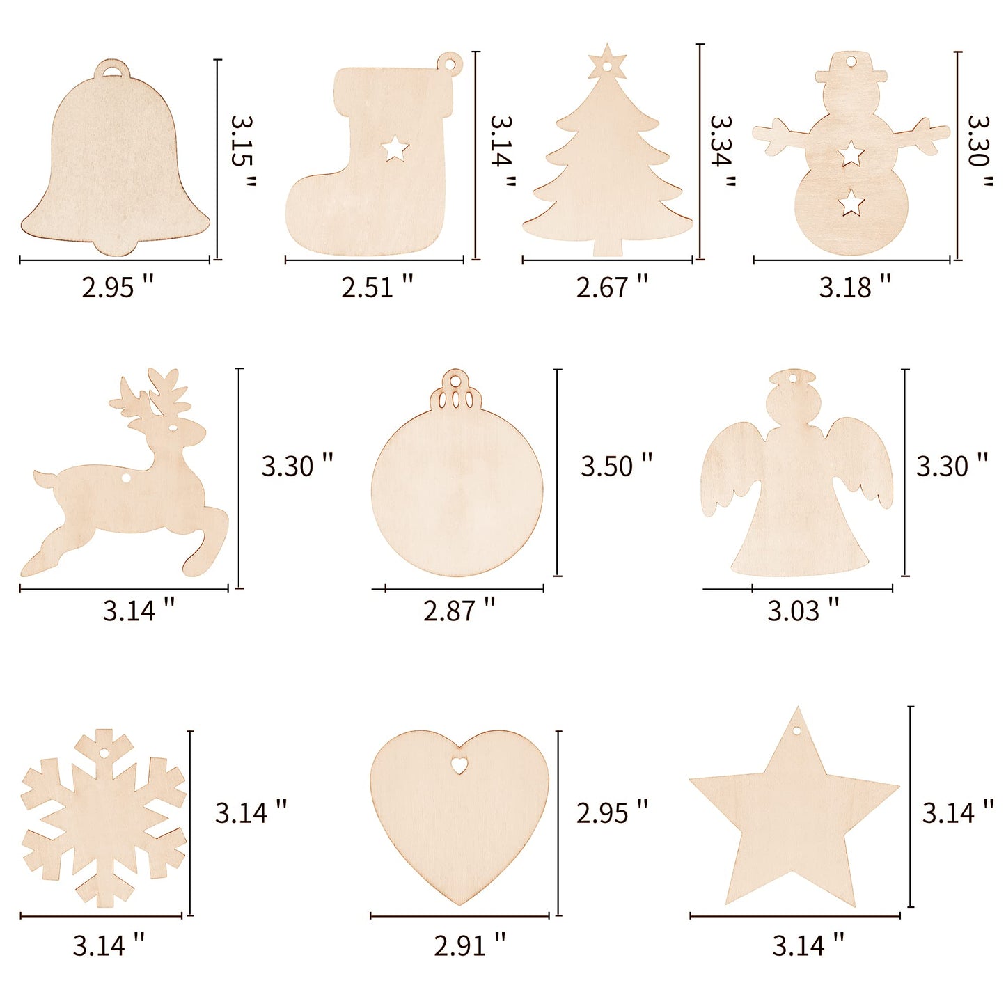 Max Fun 100PCS DIY Wooden Christmas Ornaments Unfinished Predrilled Wood Circles for Crafts Centerpieces Holiday Hanging Decorations in 10 Shapes