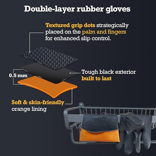 Heavy-Duty Thick Black Rubber Cleaning Gloves, 3 Pairs, L | Reusable & waterproof black/orange dual layers. Non-slip design for dishwashing, kitchen cleaning, and auto care.