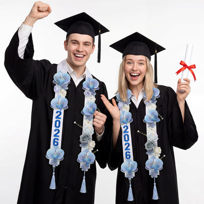 CrystalSylara Graduation Leis Class of 2026 Artificial Flower Sash with 20 Sheets Number Iron on Patches DIY Grad Floral Lei Necklace for High School College Senior Grad Gifts Party Supplies(Blue)