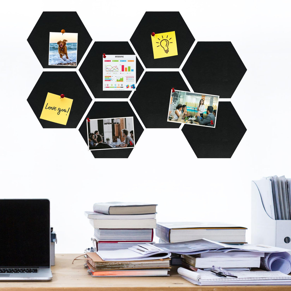 HULAVO Large Hexagon Felt Cork Board Tiles, Self Adhesive DIY Felt Bulletin Board Pin Board with 35 Pushpins for Office School Home Wall Decor Stickers Memos Photos Display(Black)