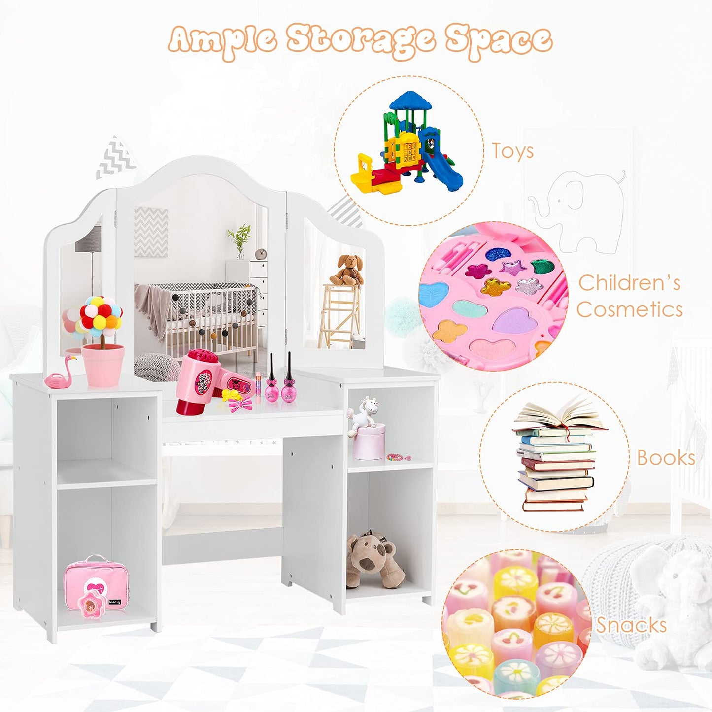 HONEY JOY Kids Vanity, Little Girls Vanity Set with Tri-Folding Mirror, Wooden Princess Makeup Dressing Table, Toddler Vanity, Pretend Play Kids Vanity Table and Chair Set (White)