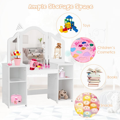 HONEY JOY Kids Vanity, Little Girls Vanity Set with Tri-Folding Mirror, Wooden Princess Makeup Dressing Table, Toddler Vanity, Pretend Play Kids Vanity Table and Chair Set (White)