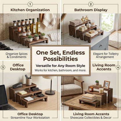 FUSHITON 8Pcs Wooden Display Risers Set, Solid Wood Tiered Stand for Perfumes, Jewellery, Collectibles, Cosmetics, Cupcakes and Party Food Display