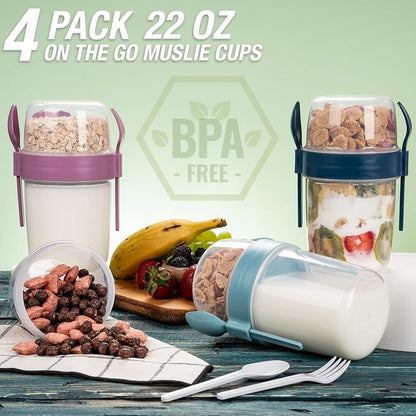 4 Pack Breakfast 22 oz On The Go Cups with Lids and Spoon, Reusable Cereal Yogurt Cup with Topping Plastic Overnight Oats Container for Granola Oatmeal (22 oz - 4 Pack)
