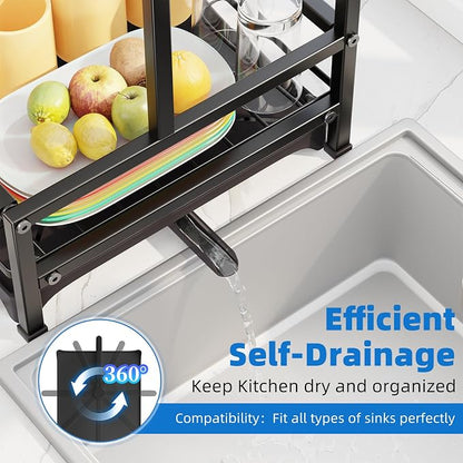 Simple Trending Dish Rack Over the Sink, Dish Drying Rack for Kitchen Counter, 2-Tier Stainless Steel Dish Drainer, Black