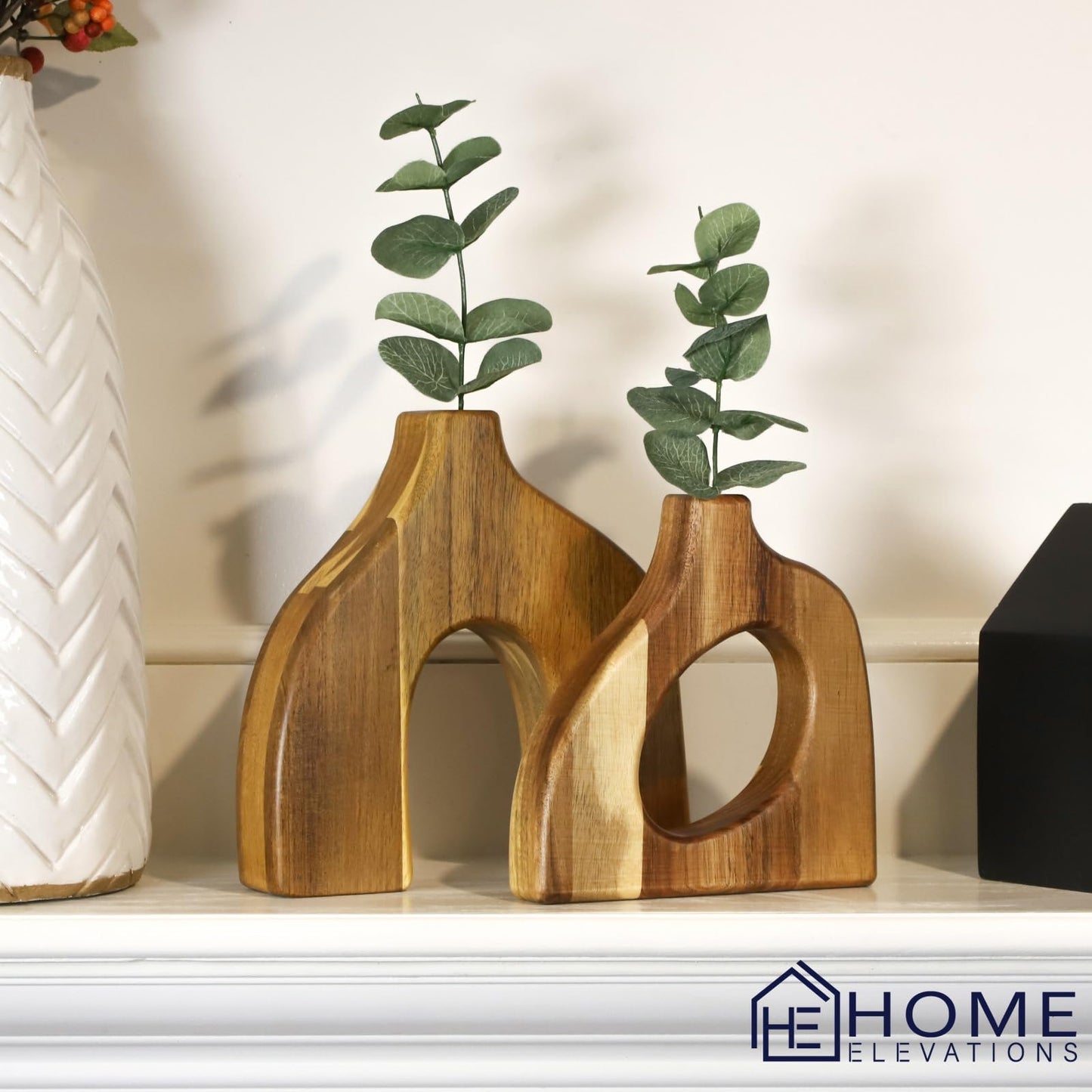 Wooden Vases for Decor Set of 2, Scandinavian Wood Decorative Vases