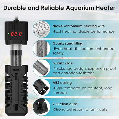 25W Aquarium Heater, Adjustable Small Fish Tank Heater, with Digital Display, Overheat Protection & Dry Run Protection, for 1-5 Gallon Water