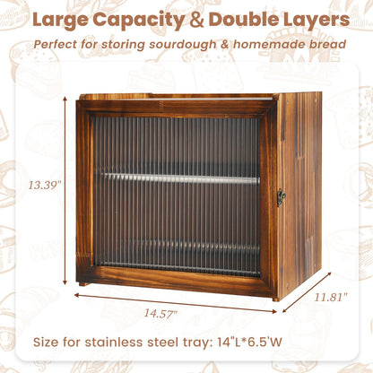 Keeswin 2-Layer Wooden Bread Box for Kitchen Countertop with Removable Tray